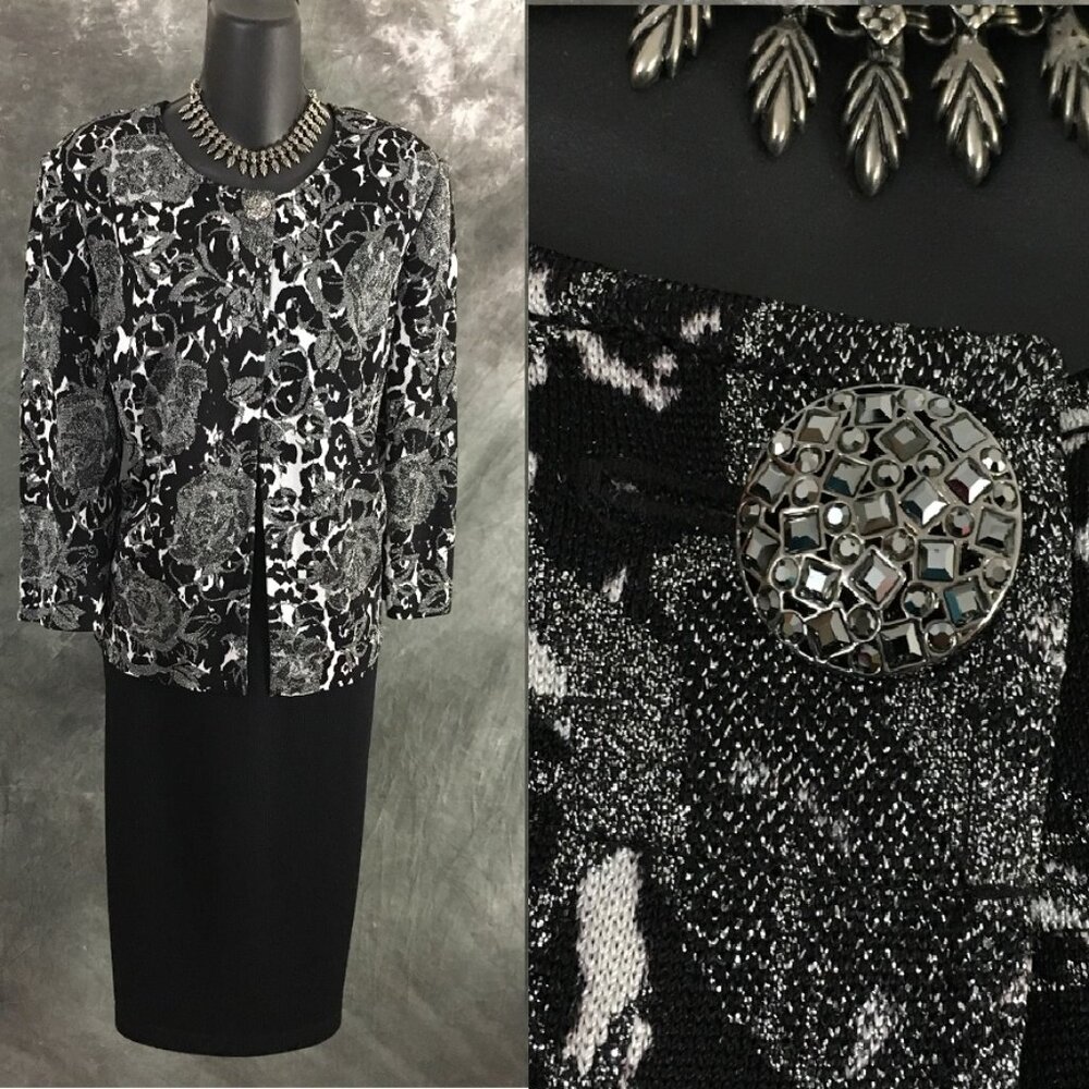 NWT NEW BEAUTIFUL St John knit Black white shimmer jacket skirt suit 10 12